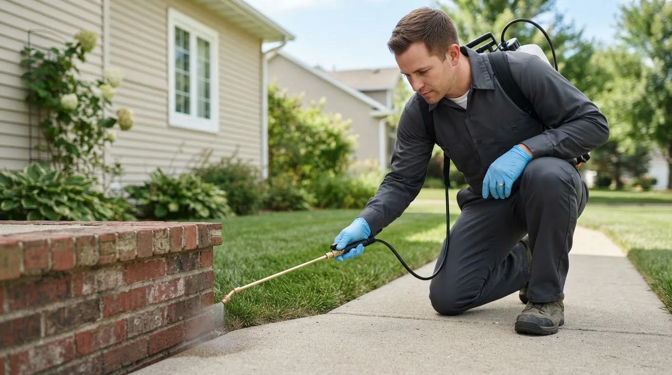 Pest control technician treating a home near Mcclure, PA